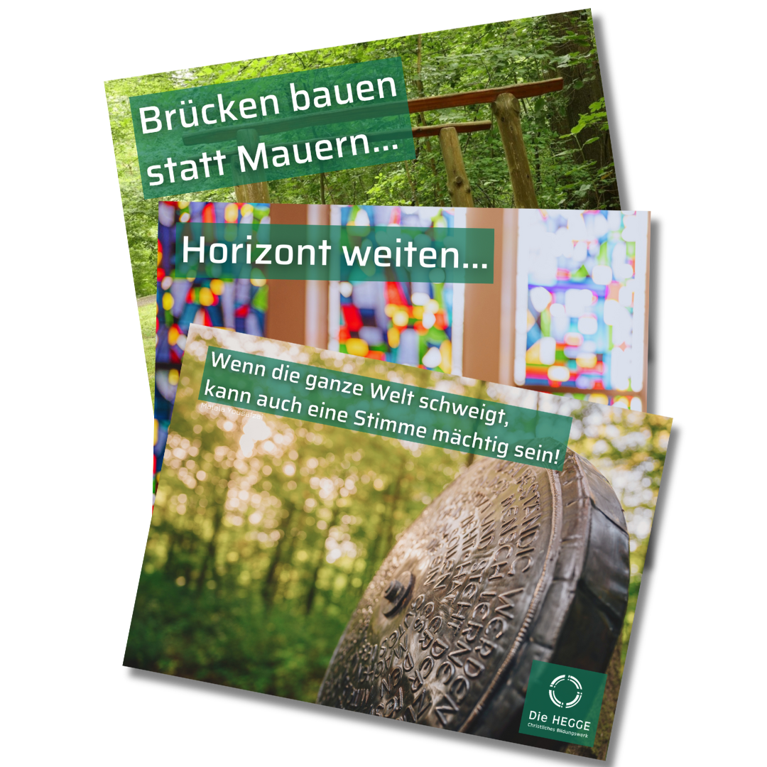 Hier sind drei Image-Postkarten zu sehen, die das nurguteleute Kreativbüro für das Bildungshaus DIE HEGGE erstellt hat.