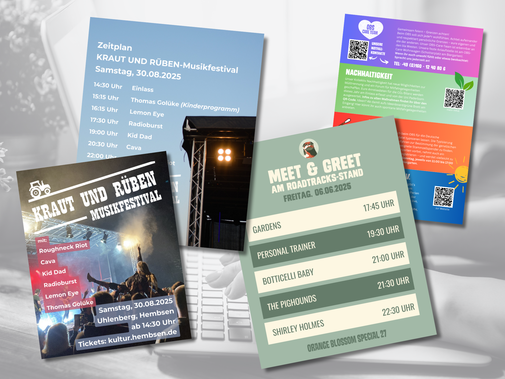 Auf diesem Bild sind vier Grafiken zu sehen, die ich in 2025 für das Orange Blossom Special Festival sowie für das KRAUT UND RÜBEN-Musikfestival erstellt habe.