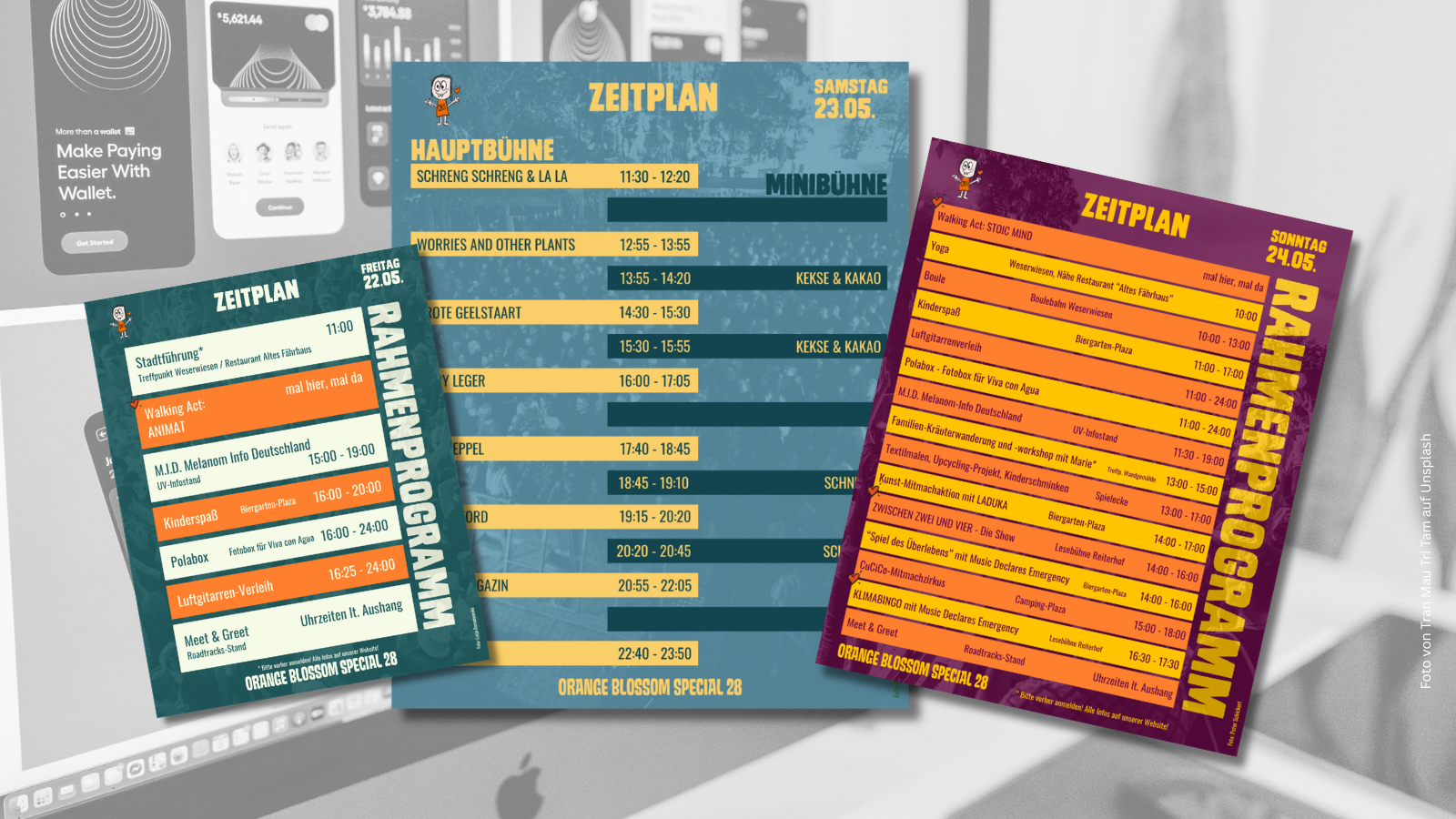 Dies ist eine Grafik zum Mediendesign für das Orange Blossom Special Festival durch das nurguteleute Kreativbüro.
